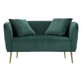Art deco dvoum&iacute;stn&aacute; obd&eacute;ln&iacute;kov&aacute; čalouněn&aacute; smaragdov&aacute; sedačka Zeran se sametov&yacute;m potahem a zlat&yacute;mi kovov&yacute;mi nožičkami 127 cm