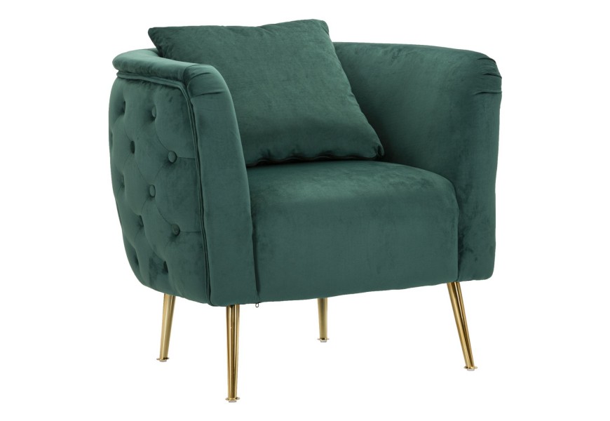 Glamour křeslo Zeran ve čtvercovém oblém tvaru s čalouněním a prošívaným potahem na zádech ve smaragdové zelené barvě s nožičkami z kovu ve zlaté barvě s polštáři