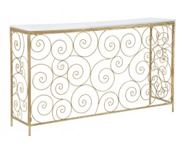 Designový glamour konzolový stolek Giard s bílou mramorovou deskou a zlatou konstrukcí s motivem spirál 140 cm