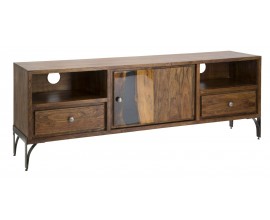 Masivn&iacute; industri&aacute;ln&iacute; TV stolek Selvaggio s dv&iacute;řky a dvěma &scaron;upl&iacute;ky a policemi v natur&aacute;ln&iacute; tmavě hněd&eacute; barvě 175 cm