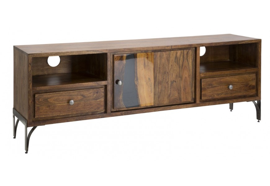 Masivn&iacute; industri&aacute;ln&iacute; TV stolek Selvaggio s dv&iacute;řky a dvěma &scaron;upl&iacute;ky a policemi v natur&aacute;ln&iacute; tmavě hněd&eacute; barvě 175 cm
