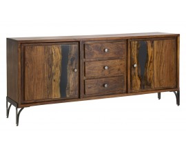 Modern&iacute; masivn&iacute; tmav&yacute; hněd&yacute; př&iacute;born&iacute;k Selvaggio se dvěma skř&iacute;ňkami a třemi z&aacute;suvkami z ak&aacute;ciov&eacute;ho dřeva s tmav&yacute;mi kovov&yacute;mi nožičkami s obloukov&yacute;m designem a kulat&yacute;mi &uacute;chytkami