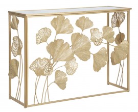 Zrcadlový glamour obdélníkový konzolový stolek Natura Elegante s podstavou z kovu ve zlaté barvě se zdobením v podobě stonků s listy ginko s vrchní deskou ze zrcadlového skla