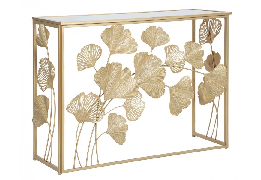 Zrcadlový glamour obdélníkový konzolový stolek Natura Elegante s podstavou z kovu ve zlaté barvě se zdobením v podobě stonků s listy ginko s vrchní deskou ze zrcadlového skla