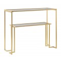 Glamour skleněný obdélníkový konzolový stolek Ornella ve zlaté barvě s lineární kovovou konstrukcí s policí s deskami z bezpečnostního skla s šedým tónováním