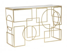 Glamour zrcadlový obdélníkový zlatý konferenční stolek Jazzy s reflexní vrchní deskou a podstavou z kovu s geometrickým designem kruhů a čtverců