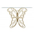 Designový glamour konzolový stolek Papillon s obdélníkovou skleněnou deskou a zlatou kovovou podstavou ve tvaru motýla 110 cm