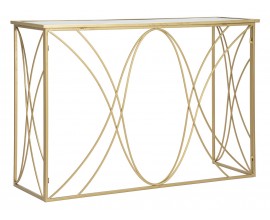 Zrcadlový glamour zlatý konzolový stolek s geometrickou podstavou z kovu s designem křižujících se vln as obdélníkovou vrchní deskou ze zrcadlového skla