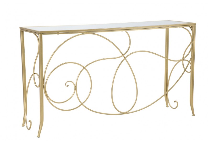 Art deco zrcadlový konzolový stolek Nastrillo s obdélníkovou vrchní deskou se zrcadlovým povrchem a kovovou konstrukcí ve zlaté barvě se zahnutými nožičkami a asymetrickým smyčkovým designem