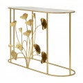 Designový glamour zlatý konzolový stolek Natura Elegante s florálním zdobením a oválnou zrcadlovou vrchní deskou 120 cm
