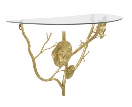 Glamour skleněný závěsný půlkruhový konzolový stolek Natura Elegante s průhlednou vrchní deskou s konstrukcí z kovu ve zlaté barvě s florálním zdobením