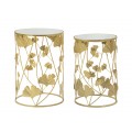 Designový zrcadlový zlatý set dvou příručních stolků Natura Elegante kulatého tvaru s reflexní vrchní deskou a kovovou konstrukcí s motivem ginko listů