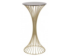 Designový art deco příruční stolek Creuser s kulatou skleněnou deskou s hnědým kouřovým efektem a konstrukcí se zúženou střední částí ve tvaru přesýpacích hodin z kovu ve zlaté barvě
