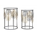 Designová glamour sada kulatých příručních stolků Ornella se skleněnou deskou a černým rámem se zlatými listy 55 cm