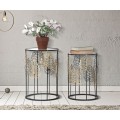 Designová glamour sada kulatých příručních stolků Ornella se skleněnou deskou a černým rámem se zlatými listy 55 cm