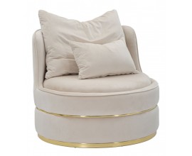 Designové art deco křeslo Prestige kulatého tvaru čalouněné látkou v béžové barvě se dvěma polštáři se zlatými detaily