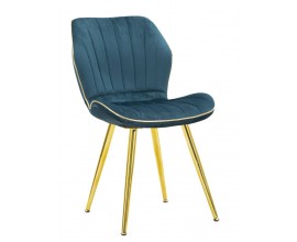 Art deco čalouněná prošívaná jídelní židle Dorena s sametovým petrolejovým modrým potahem a zlatými nožičkami 77 cm