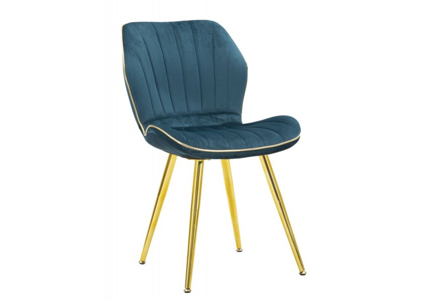 Art deco čalouněn&aacute; pro&scaron;&iacute;van&aacute; j&iacute;deln&iacute; židle Dorena s sametov&yacute;m petrolejov&yacute;m modr&yacute;m potahem a zlat&yacute;mi nožičkami 77 cm