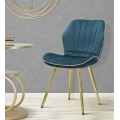 Art deco čalouněn&aacute; pro&scaron;&iacute;van&aacute; j&iacute;deln&iacute; židle Dorena s sametov&yacute;m petrolejov&yacute;m modr&yacute;m potahem a zlat&yacute;mi nožičkami 77 cm