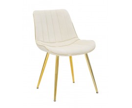 Art deco čalouněná prošívaná krémová jídelní židle Asen se sametovým potahem se zlatými kovovými nožičkami 79 cm