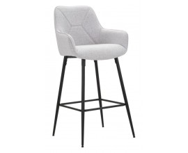 Modern&iacute; barov&aacute; židle Eli s čern&yacute;mi kovov&yacute;mi nožičkami a &scaron;ed&yacute;m l&aacute;tkov&yacute;m čalouněn&iacute;m s geometrick&yacute;m vzorem 109 cm