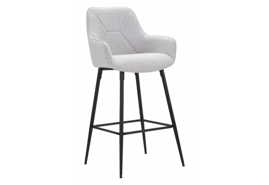 Moderná barová židle Eli s ergonomickým opěradlem, čalouněným sedákem ve světle šedé látce a štíhlými kovovými nožičkami v černém provedení