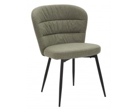 Skandin&aacute;vsk&aacute; j&iacute;deln&iacute; židle s olivově zelen&yacute;m potahem se &scaron;irok&yacute;m polobloukov&yacute;m opěradlem z čern&yacute;ch kovov&yacute;ch nohou