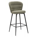 Skandinávská barová Magnus židle s textilním potahem v olivově zelené barvě a ergonomicky tvarovaným opěradlem na černé kovové konstrukci