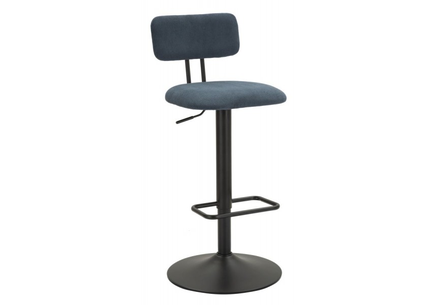 Skandinávská barová židle Nairo s manšestrovým potahem v tmavě modré barvě se zaobleným opěradlem výškově nastavitelná s kovovou konstrukcí v černém matném provedení a kulatou podstavou