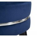Art deco kulatá čalouněná barová židle Laurentia s námořnickým modrým sametovým potahem se stříbrnými detaily 74 cm