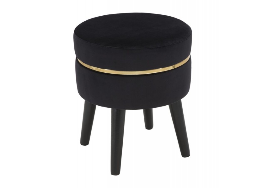 Art deco kulat&aacute; čern&aacute; sametov&aacute; čalouněn&aacute; taburetka Laurentia se zlat&yacute;m detailem 40 cm