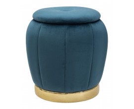 Designová glamour taburetka Zucca s odnímatelným kulatým víkem a úložným prostorem dýňového tvaru se zlatou kovovou podstavou a sametovým potahem v tealové modrozelené barvě s vertikálním prošíváním