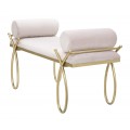 Designová art deco lavice Sentia se světle růžovým sametovým potahem a konstrukcí z kovu v lesklé zlaté barvě 113 cm