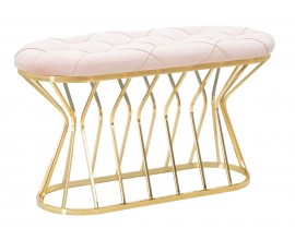 Art deco čalouněná oválná lavice Ziglia se světlým růžovým potahem s ozdobným chesterfield prošíváním a podstavou z kovu v lesklé zlaté barvě z ohýbaných kovových prutů