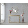 Designový glamour zlatý konzolový stolek Amorattia s kovovou podstavou s ornamenty ve tvaru srdce a zrcadlovou deskou 120 cm
