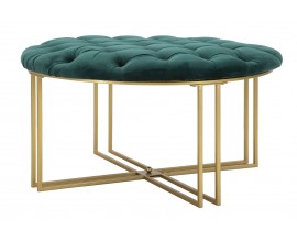 Designov&aacute; art deco kulat&aacute; taburetka Smeraldina se zlatou kovovou podstavou a smaragdově zelen&yacute;m potahem 49 cm
