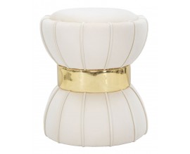 Designová art deco sametová taburetka Glamia Tapisé s čalouněním v krémové barvě a zlatým detailem 40 cm