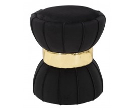 Designová art deco čalouněná černá taburetka Glamia Tapisé se zlatým prvkem a ozdobným prošíváním 40 cm