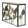 Glamour obdélníkový kovový konzolový stolek Florel s dřevěnou deskou a florálním motivem ve zlaté a zelené barvě 108 cm