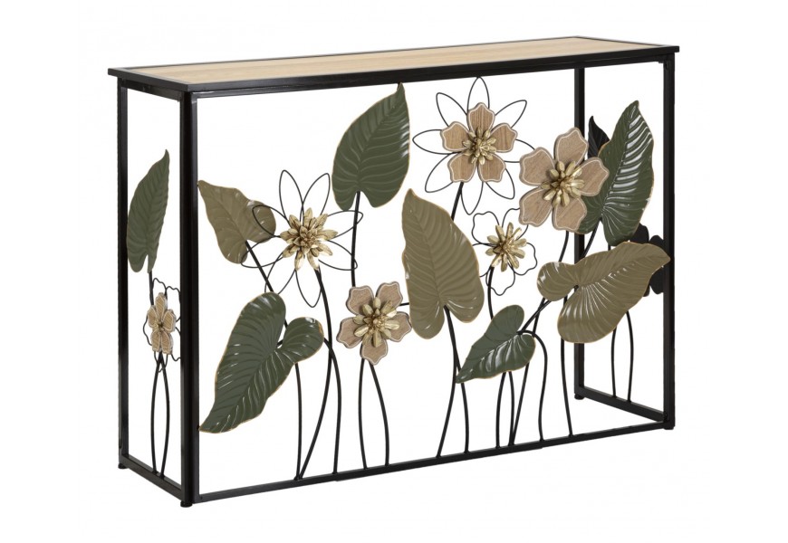 Designový konzolový stolek Florel v obdélníkovém tvaru s konstrukcí z kovu v černé matné barvě s vrchní deskou ze dřeva ve světle hnědé barvě as florálním motivem z kovu ve zlaté a zelené barvě
