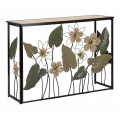 Designový konzolový stolek Florel v obdélníkovém tvaru s konstrukcí z kovu v černé matné barvě s vrchní deskou ze dřeva ve světle hnědé barvě as florálním motivem z kovu ve zlaté a zelené barvě