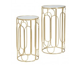 Art deco sada zlatých kovových kulatých příručních stolků Ameria s vrchní zrcadlovou deskou 70 cm