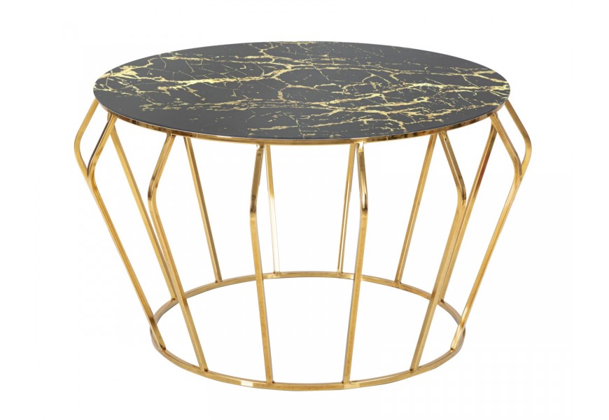 Art deco kulatý kovový zlatý konferenční stolek Mino s vrchní skleněnou deskou s černým mramorovým designem 78 cm