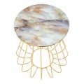 Art deco kulatý kovový zlatý mramorový konferenční stolek Naris s atypickou nohou a vrchní fialovou deskou 52 cm