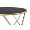 Art deco kulatý zlatý kovový konferenční stolek Lenim s nohou s ohnutých tyčí a s vrchní skleněnou černou deskou 60 cm