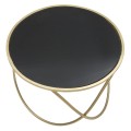 Art deco kulatý zlatý kovový konferenční stolek Lenim s nohou s ohnutých tyčí a s vrchní skleněnou černou deskou 60 cm