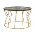 Art deco kulatý zlatý kovový konferenční stolek Arina s vrchní černou dřevěnou deskou s listovým zeleným motivem 70 cm