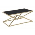 Skleněný art deco konferenční stolek Triangolo Oro s obdélníkovou vrchní deskou z černého skla a kovovou podstavou ve zlaté barvě ve tvaru dvou pyramid