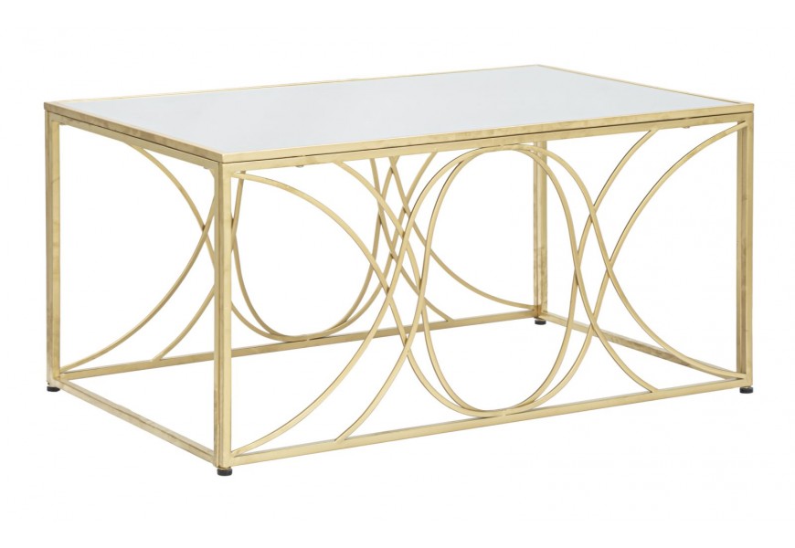 Glamour konferenční stolek Lonia ve zlaté barvě z kovu v obdélníkovém tvaru s kovovými vlnami s vrchní deskou se zrcadlem