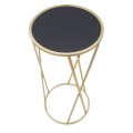 Art deco zlatý kovový kulatý příruční stolek Lery s nohou s tyčemi do X s vrchní skleněnou černou deskou 75 cm